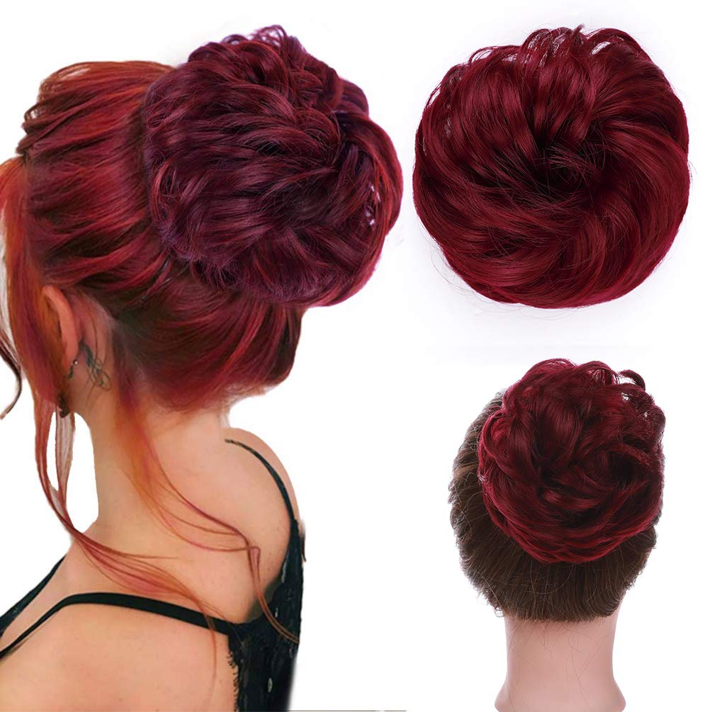 Messy Hair Bun Hair-Scrunchies Extension Curly Wavy Thick Synthetic Chignon for women Updo Hairpiece Ponytail HairAccessories Burgundy Red