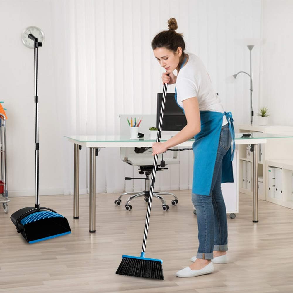 UDAODFA Premium Dustpan And Cleaning Broom Combination Of Stainless Steel Extra Long Handle Broom Is Easy To Clean And Assemble, Durable And Foldable For Home, Room, Office, Lobby Use (Black And Blue): Kitchen & Dining