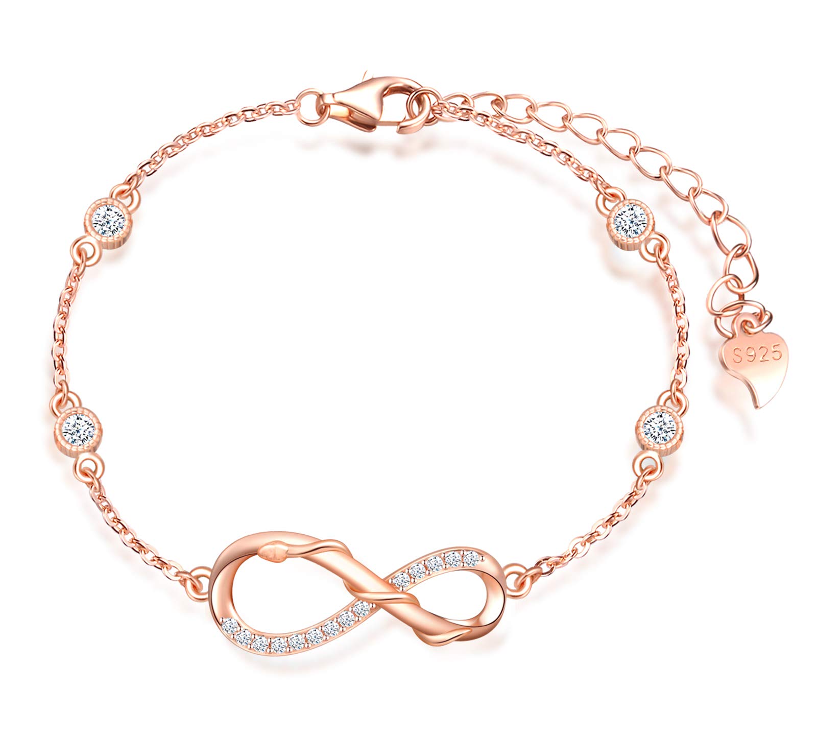 MicLee Woman's girl's Bracelet, 925 Sterling Silver bracelet, Snake and infinity symbol bracelet, Inlaid with zircon, adjustable chain, Unique design animal bracelet, rose gold