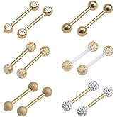 CrazyPiercing 12Pcs Stainless Steel Tongue Ring Barbell Retainer Body Piercing Jewelry 14G (Gold Pack)