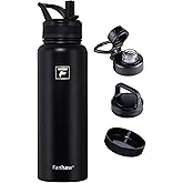 Fanhaw 40 oz Insulated Water Bottle – Stainless Steel Flask with 3 Lids (Straw, Spout, Carabiner) | Durable, Leakproof, for Hiking, Camping, Outdoor Adventures & Travel (Black)