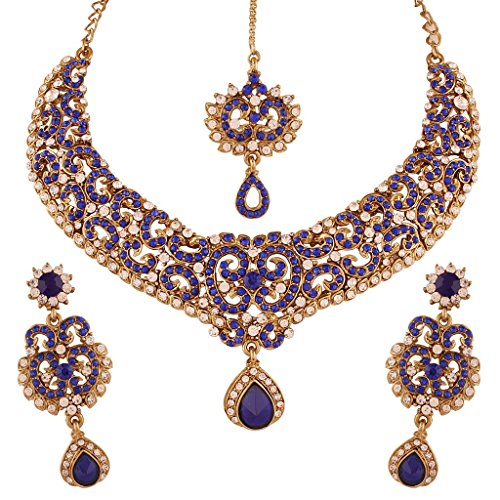 I Jewels Traditional Gold Plated Elegantly Handcrafted Stone Necklace Set with Maang Tikka & Earrings for Women M4042Bl (Blue)