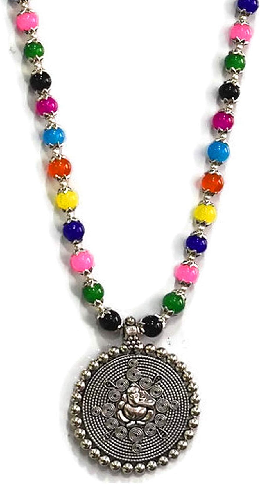 AyA FashionDesigner Traditional Oxidised Silver Necklace with Beads and Large Ganpati Pendent, Trendy Unique Neckpeice, Office wear