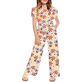 Haloumoning Girls Floral Jumpsuit Kids Fashion Short Sleeve Belted Wide Leg Romper One Piece Outfits with Pockets