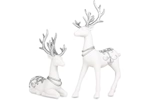 Lotus Hills 2pcs Elegant Christmas Reindeer Decorations, 13.8" Flocking Christmas Reindeer Figurines with Embossed Silver Necklace Flower Pattern, Christmas Table Centerpieces