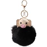 surell - Genuine Fox Fur Pig Shaped Keychain - Cute Pompom Fashion Accessory - Fluffy Fur Ball Barn Animal Key Chain