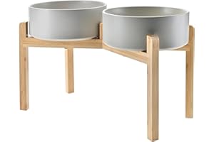 SPUNKYJUNKY Elevated Dog Bowls Ceramic, 8.3'' Dogs Food Water Bowls Raised with Non-Slip Bamboo Stand for Large Sized Breed Microwave Dishwasher Safe - 60 OZ,Grey