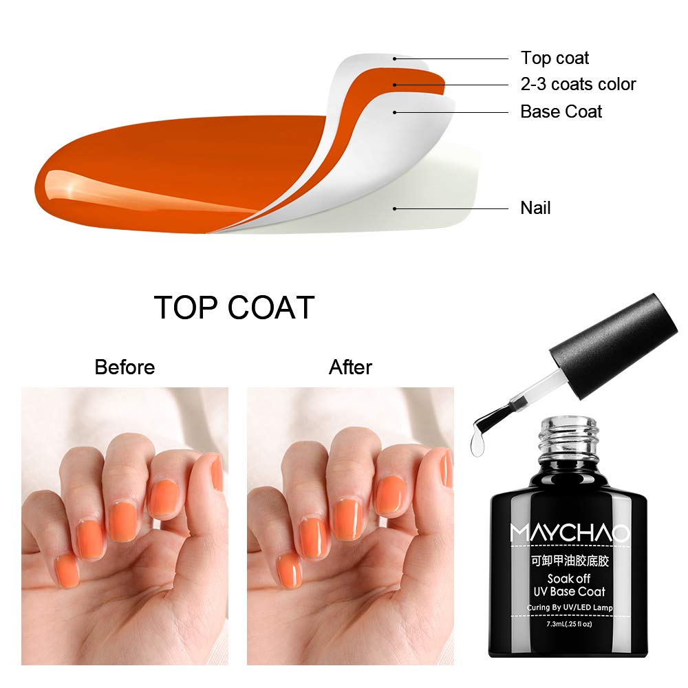 MAYCHAO No Wipe Top Coat and Base Coat Set, 7.3ml 2 Bottles Shine Finish and Long Lasting, Soak Off UV LED Gel Nail Polish for Home DIY and Nail Salon : Beauty