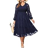 Pinup Fashion Plus Size Fall Wedding Guest Dress - Long Sleeve V Neck Floral Lace Smocked Flowy Tiered Midi Dress