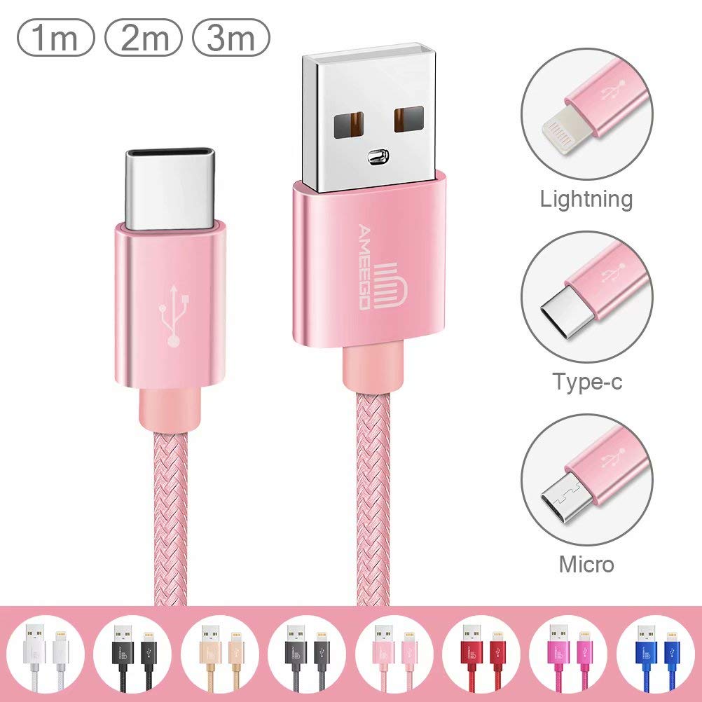 ameego [3Pack 1m+2m+3m] 3.1A High Speed strong Nylon Braided USB C 3.1 Type-C Data Sync Charging Reversible Charge Cable for mobile phones, Nintendo Switch all Type-C Devices (Rose Gold)