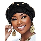Woeoe Women African Turban Pre-Tied Twisted Beanie Cap Headwear Rhinestone Soft Stretchy Head Turbans