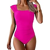 B2prity Womens One Piece Swimsuit Retro Square Neck Tummy Control Bathing Suits Ruched Modest Full Coverage Swimwear