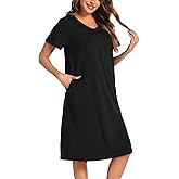 ENJOYNIGHT Womens Nightgown Cotton Short Sleeve Sleepwear V-Neck Casual Print Sleepshirt With Pockets