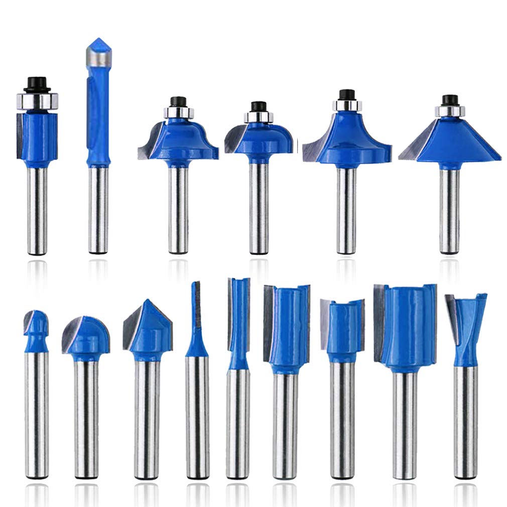 DIWUJI 15pcs Router Bits, 1/4 Shank Tungsten Carbide Corner Edge Tool, Groove Drill Bit for Chipboard, Woodworking, Wood Milling Cutter DIY Tools Kit (Include Straight Bit, Cove Bit, Chamfer Bit)