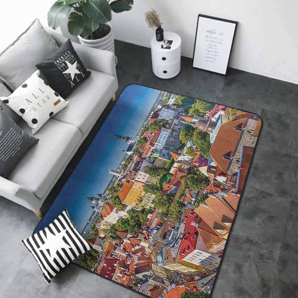 Thin Non-Slip Kitchen Bathroom Carpet Colorful Landscape,Old Town Skyline of Toompea Hill in Estonia Aerial View Europe Historic Landmark,Multicolor 36"x 60" Custom fit Floor mats