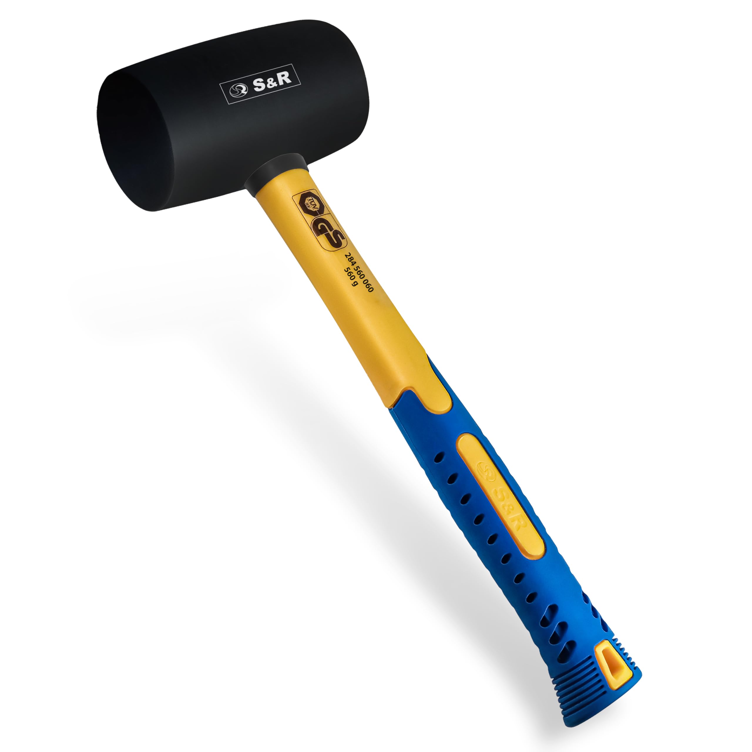 S&R Rubber Hammer Black 60 mm, 560g with Ergonomic Shaped Fibreglass Handle and Anti-Slip Coating