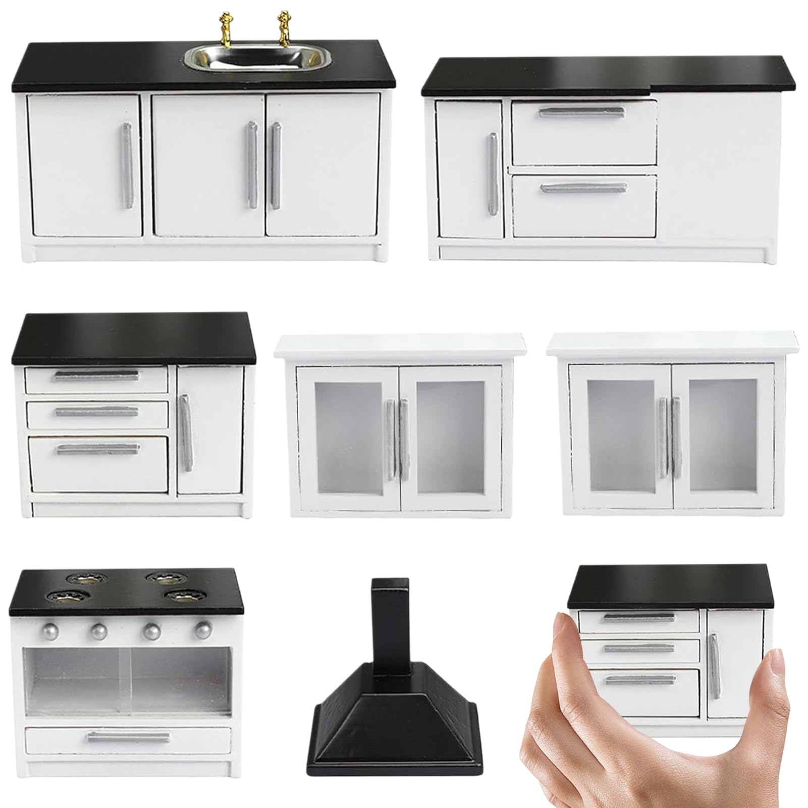 Agatige 7pcs 1:12 Dollhouse Kitchen Cabinet, Simulation Life Scene Dollhouse Modern Kitchen Set