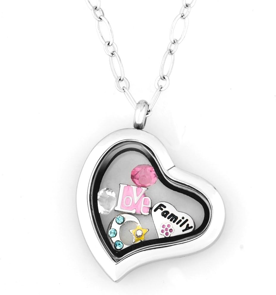 I Love Family Crystal Living Memory Locket Necklace Floating Pendant Heart Shape