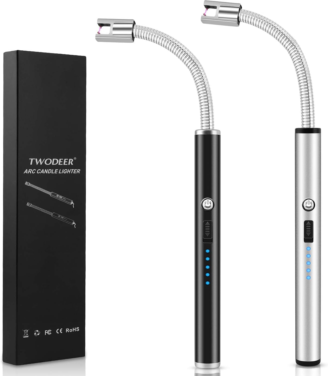 TWODEER Candle Lighter, 2 Pack USB Rechargeable Electric Lighter with LED Battery Display & Safety Switch, Flameless Long Flexible Neck Arc Lighter for Candle Camping Grill Stoves (Black & Silver): Kitchen & Dining
