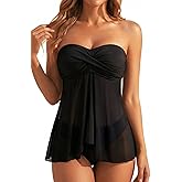 Tempt Me Womens Two Piece Bathing Suits Halter Bandeau Tankini Top Flyaway Swimsuit with Bottoms Tummy Control Swimwear