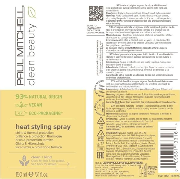 PAUL MITCHELL CLEAN BEAUTY HEAT STYLING SPRAY, SHINE & THERMAL PROTECTION, FOR ALL HAIR TYPES THAT HEAT STYLE, 5.1 FL. OZ.