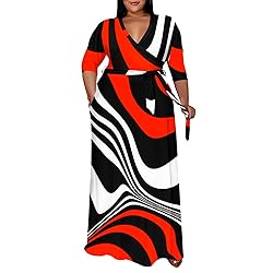 Runwind Plus Size Dress for Women 3/4 Sleeve V Neck