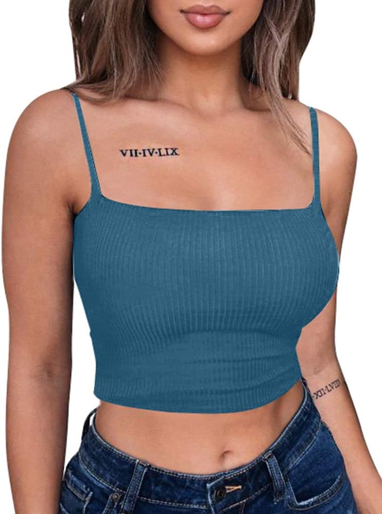 YMDUCH Women's Sexy Crop Top Stretch Spaghetti Strap Ribbed Knitted Basic Cami