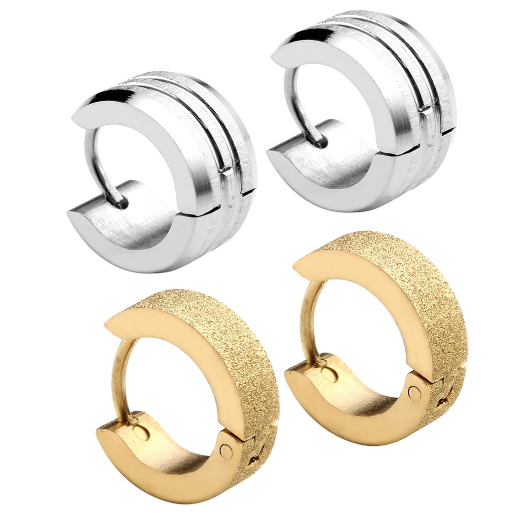 Zysta 4pcs Mens 18G Stainless Steel Silver, Gold, Unique Small Hoop Huggie Hinged Ear Stud, Hypoallergenic Snap Punk Earrings