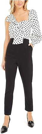 Bar Iii Becca Tilley X One Shoulder Twist Front Jumpsuit Black White Polka Dot Small Clothing Amazon Com