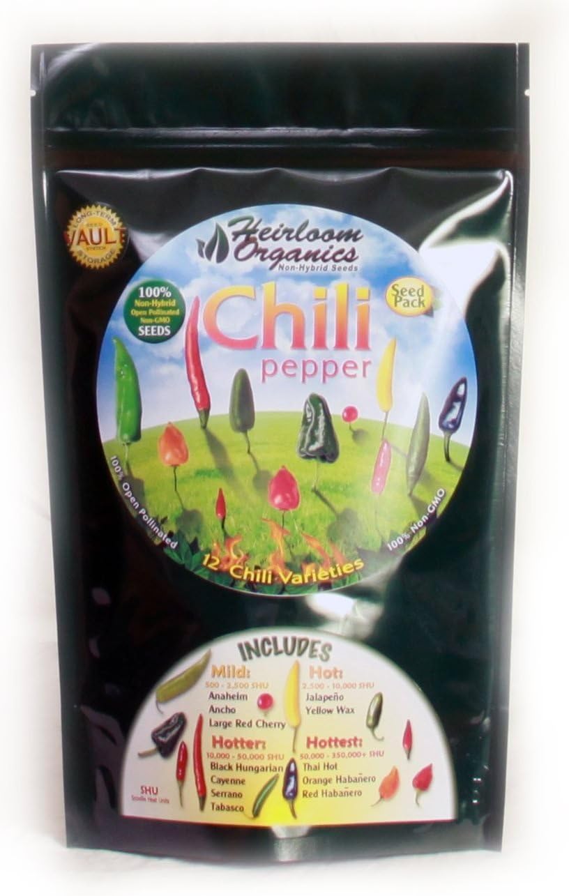 Heirloom Organics NON-GMO Chili Pepper Seeds - 12 Varieties Non-Hybrid Chili Pepper Seeds - Hermetically Sealed for Long Term Storage