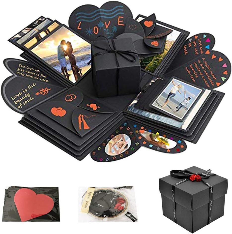EAGKORD Explosion Box, Creative Explosion Gift Box Recording Memories Box Scrapbook DIY Photo Album Surprise Handmade Gift for Birthday Party, Valentine's Day, Mother's Day & Wedding (Black)