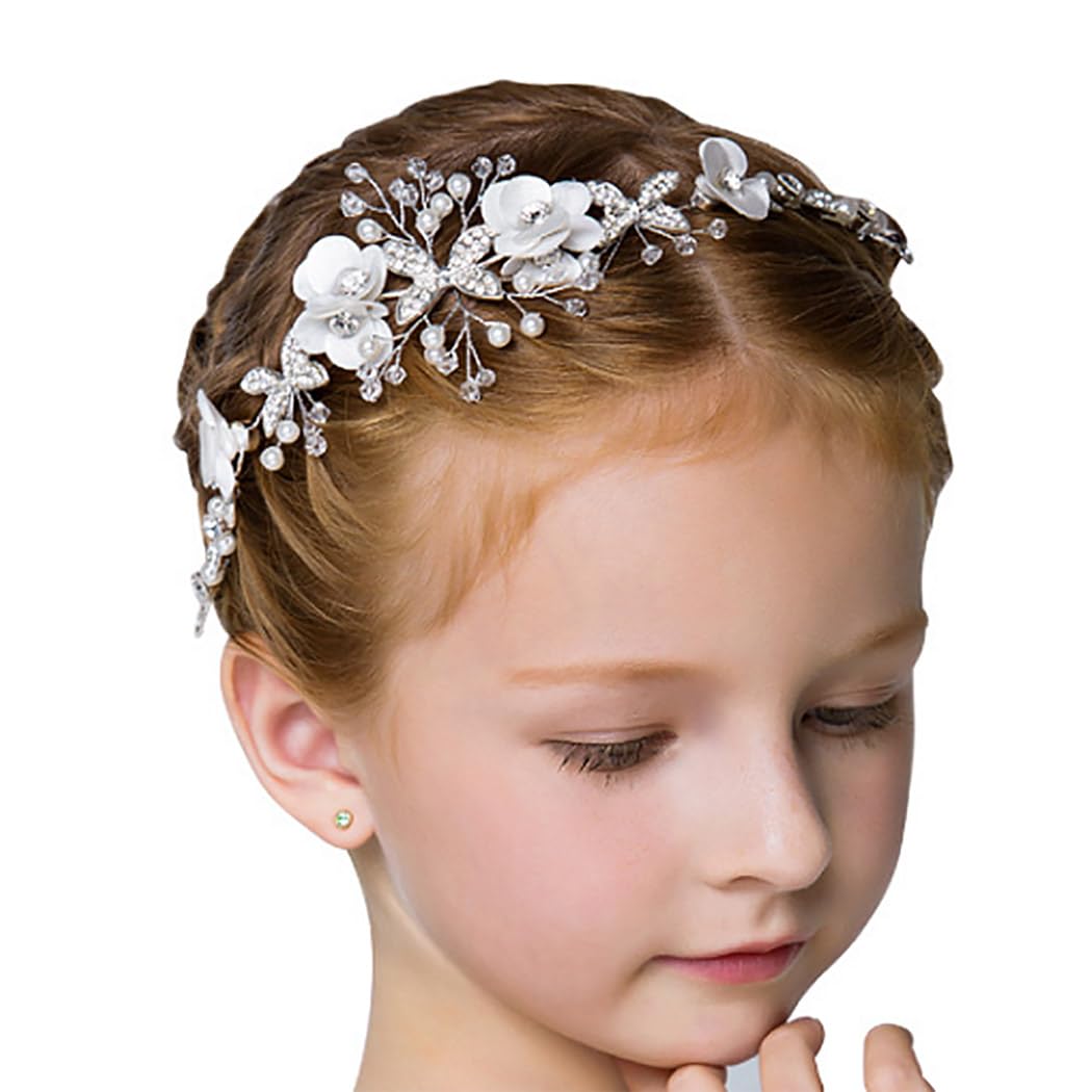 IYOU Princess White Flower Headpiece Pearl Hair Dress Crystal Bridal Wedding Hair Accessories for Girls