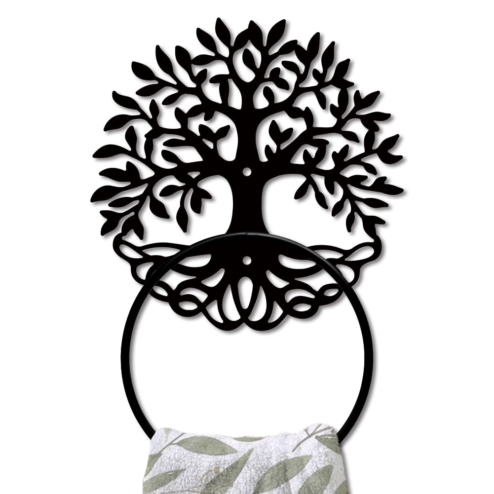 MAYJOYDIY Tree of Life Metal Towel Ring Leafy Plant Towel Holder Tree Bath Towel Ring for Wall Black Art Towel Rack Wall Mounted for Bathroom Kitchen Towel Hanger Home Decors Gift