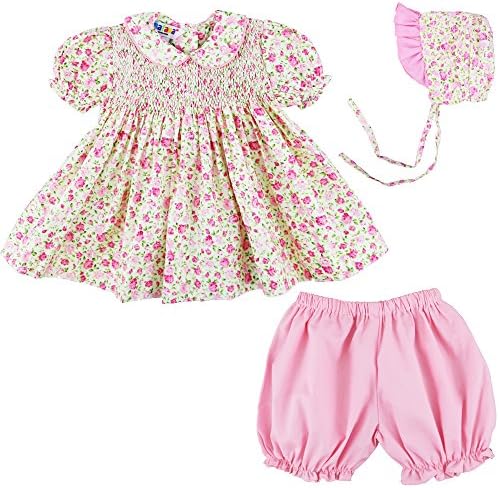 Girls Smocked Short Sleeved Dress, Bloomers & Bonnet Set