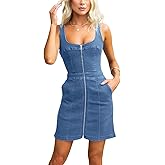 Womens Summer Casual Tank Denim Dress Sleeveless Zipper Front Mini Sexy Jean Dresses with Pockets
