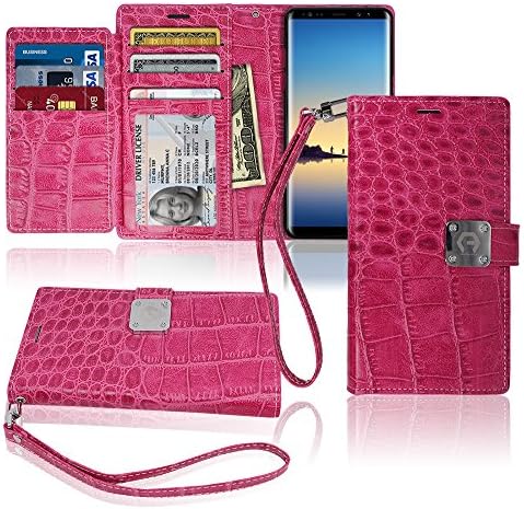 Note8 Wallet Case, Matt [ 8 Pockets ] 7 ID / Credit Card 1 Cash Slot, Power Magnetic Clip With Wrist Strap For Samsung Galaxy Note 8 Leather Cover Flip Diary (HotPink)