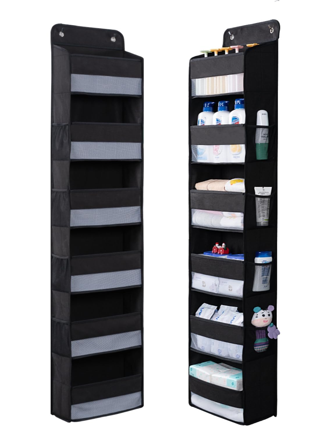 WishJazz Over Door Storage Hanging Organiser, 6 Large Pockets 8 Side Pockets, Anti Tilt 50 lb Back of Door Storage with Clear Window for Bathroom, Nursery, Pantry, Nursery, Shoe, toys