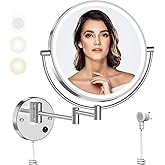 Rocollos 9" Plug-in Wall Mounted Lighted Makeup Mirror 1X/10X Magnification, Super Large Double Sided LED Vanity Mirror for Bathroom, 3 Color Dimmable 360°Swivel Extendable Shaving Cosmetic Mirror