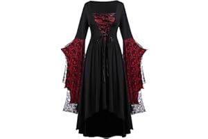 FARTEY Halloween Dress for Women Lace Vneck Bell Sleeve Witch Dress Plus Size Vintage Gothic Victorian Dresses Costumes