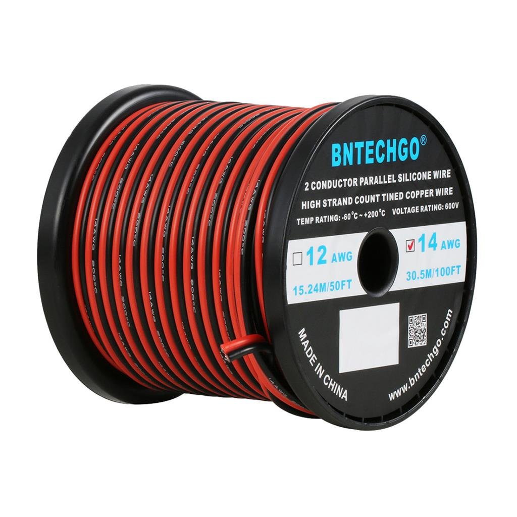 BNTECHGO 14 Gauge Flexible 2 Conductor Parallel Silicone Wire Spool Red Black High Resistant 200 deg C 600V for Single Color LED Strip Extension Cable Cord,model,100ft Stranded Tinned Copper Wire