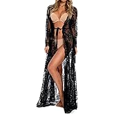BUTTZO Women Sexy Long Lace Dress Sheer Gown See Through Lingerie Kimono Robe Swimsuit Cover Up