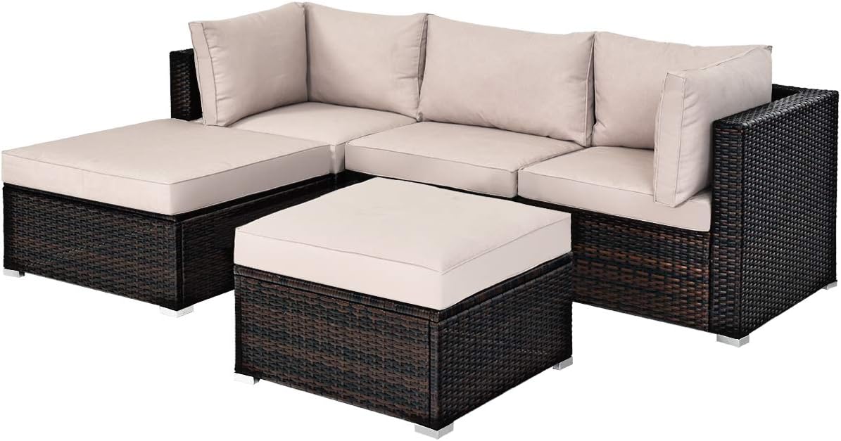 Tangkula 5 PCS Patio Rattan Furniture Set, Outdoor Sectional Rattan Sofa Set with Soft Cushions, Wicker Conversation Set with Sofa Ottoman for Backyard Porch Garden Poolside Balcony (Brown): Garden & Outdoor