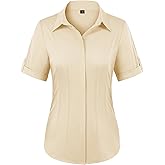 siliteelon Button Down Shirts for Women: Slim Fit Short Sleeve Button Up Dress Shirt Formal Work Blouses