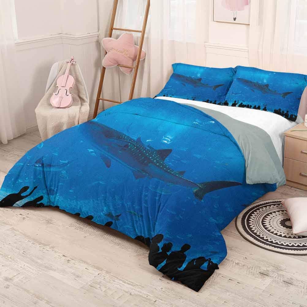 HELLOLEON (King) Shark 3-Pack (1 Duvet Cover and 2 Pillowcases) Bedding Japanese Aquarium Park with People Silhouettes Watching Underwater Life Hobby Image Polyester Blue Black