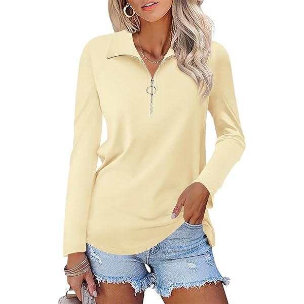 TICTICMISS Women's 3/4 Sleeve Tops V Neck T Shirts Zipper Collared