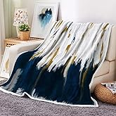 Uokiuki Abstract Ombre Throw Blankets, Modren Chic Art Oil Painting Cozy Warm Bed Couch Blanket, Blue Gold White Fleece Flannel Throws to Decorate The Room and Bedroom