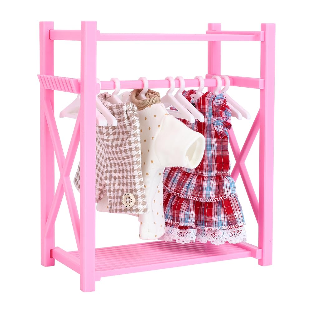 HOBBIESAY Doll Clothes Closet 5.9x3.14x7.08 in Plastic Pink Doll Wardrobe Cloth Cabinet Storage with Hangers for Organizing Clothes Shoes Hats Sunglasses Bags Outfit and Supplies Accessories