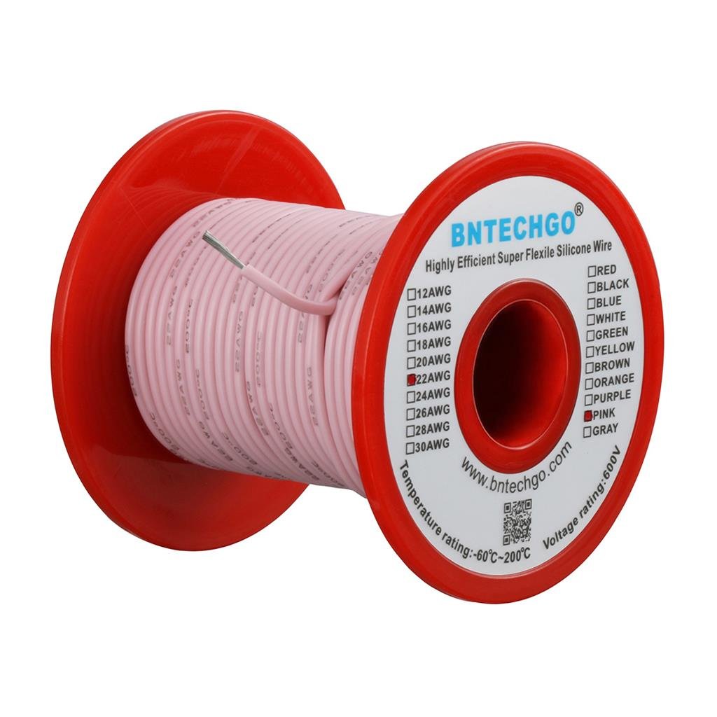 BNTECHGO 22 Gauge Silicone Wire Spool Pink 100 ft Ultra Flexible High Temp 200 deg C 600V 22 AWG Silicone Rubber Wire 60 Strands of Tinned Copper Wire Stranded Wire for Model Low Impedance