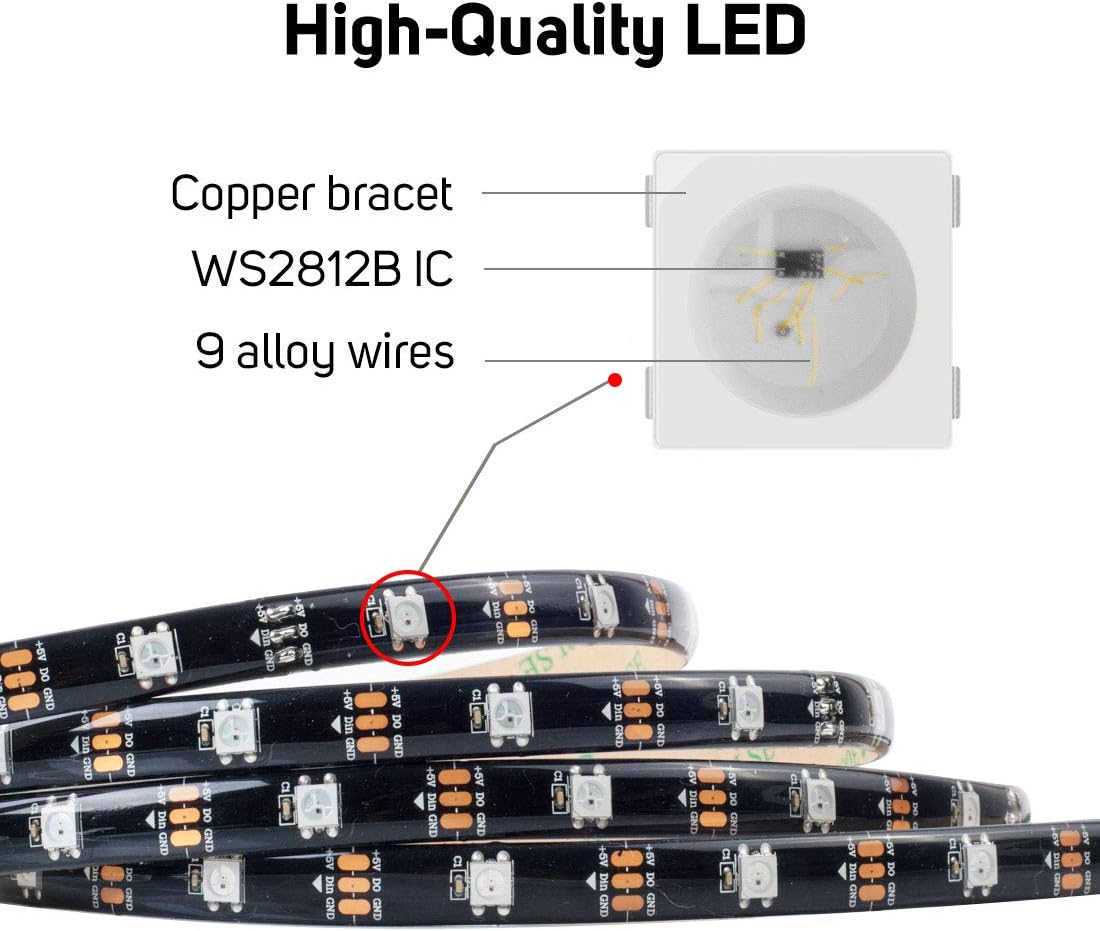 BTF-LIGHTING WS2812E ECO Alloy Wires RGB Individual addressable 5050SMD 16.4FT/5M 30Pixels/m 150Pixels DC5V Flexible Black PCB Full Color LED Pixel Strip Dream Color IP65 Waterproof for DIY Projects - Image 4