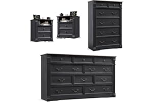 Harpaq Bedroom Sets 4 Pieces, Farmhouse 6/10 Drawer Dresser and 2 Drawer Nightstand with Open Shelf,Chest of Drawers Wide Storage Organizer Cabinet for Bedroom, Living Room, Black